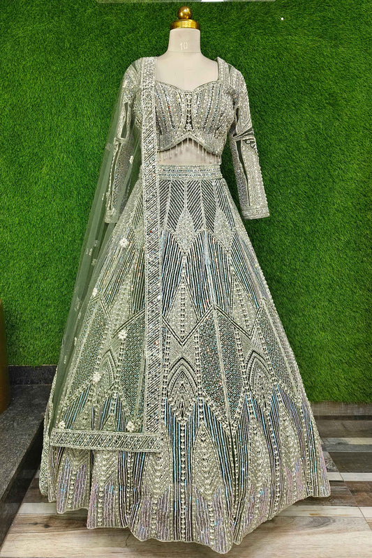 Heavy Embroidered Net Lehenga Choli With Full Sleeve Designer Blouse With Embroidered Duppatta