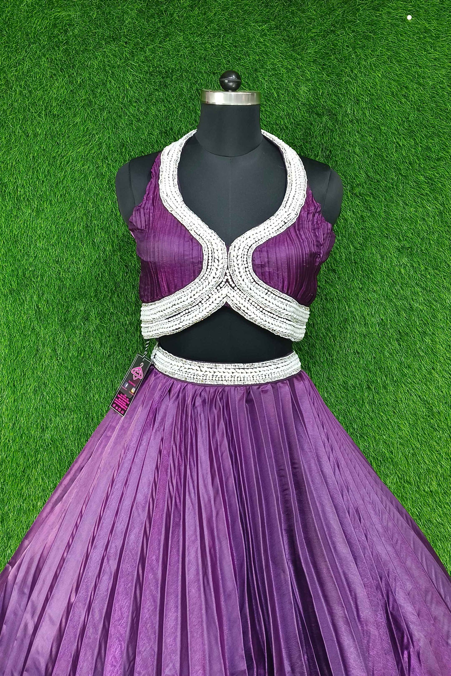 Designer Pearl Beaded halter Neck Choli WIth Box Pleated Organza Skirt With Choker Neck Duppatta