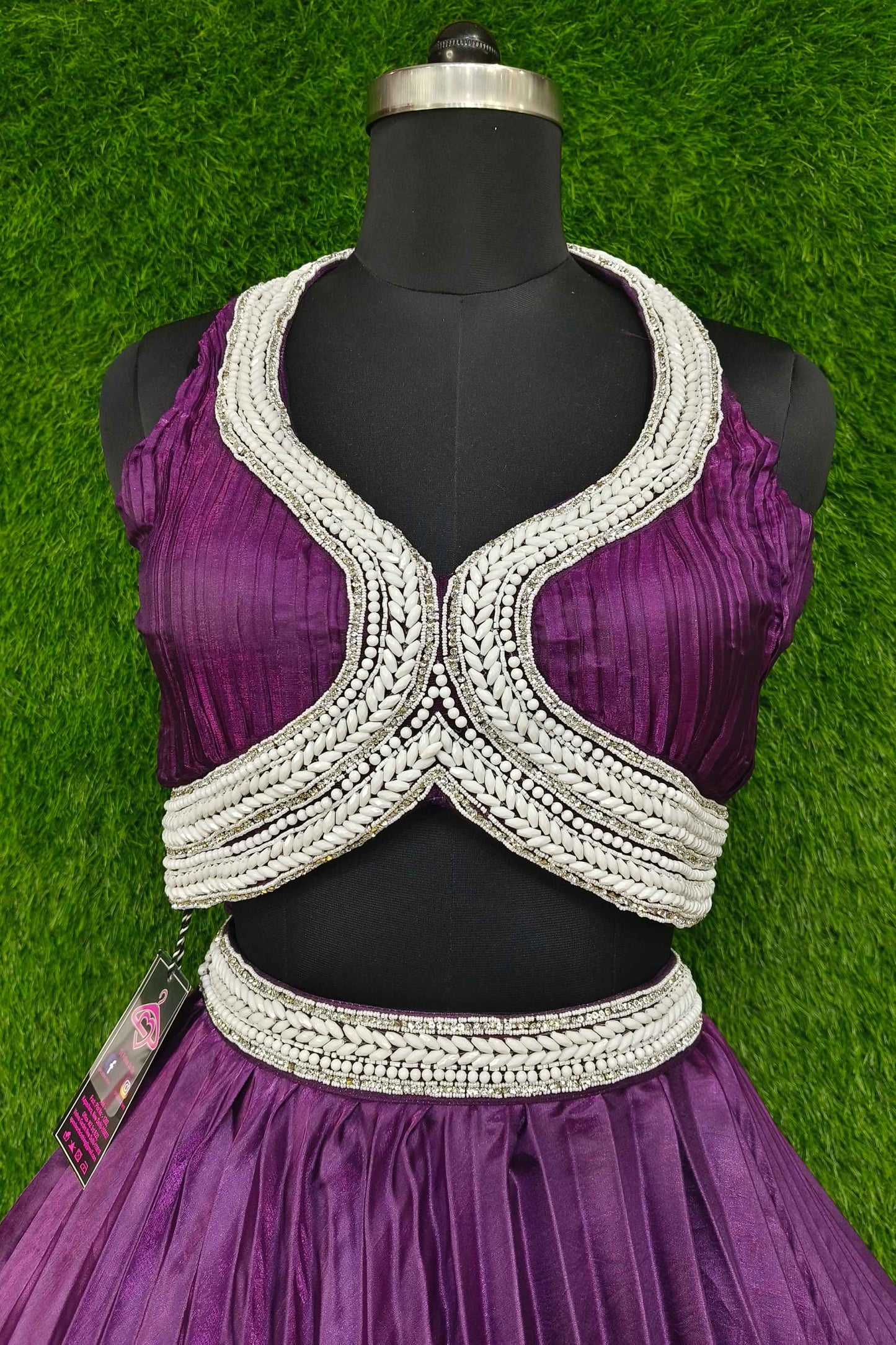 Designer Pearl Beaded halter Neck Choli WIth Box Pleated Organza Skirt With Choker Neck Duppatta