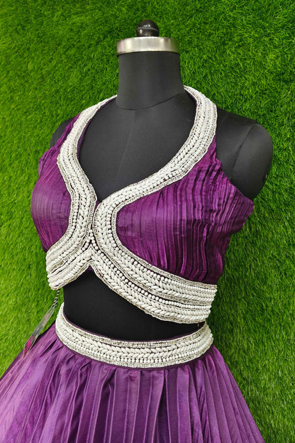 Designer Pearl Beaded halter Neck Choli WIth Box Pleated Organza Skirt With Choker Neck Duppatta