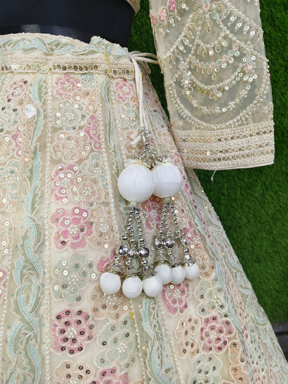 Full Sleeves Designer Choli Pearl beads Multi Embroided Lehenga Choli In Off White