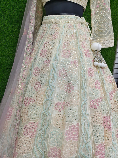 Full Sleeves Designer Choli Pearl beads Multi Embroided Lehenga Choli In Off White