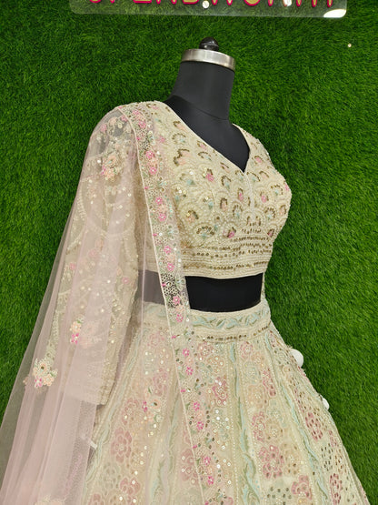 Full Sleeves Designer Choli Pearl beads Multi Embroided Lehenga Choli In Off White