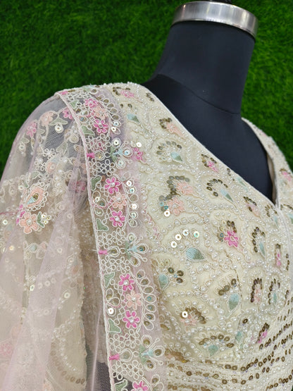 Full Sleeves Designer Choli Pearl beads Multi Embroided Lehenga Choli In Off White