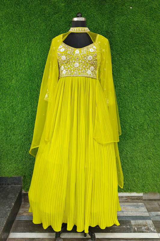 Spaghetti Anarkali  Dress With Hand Work Designer Yoke With Neck Choker Duppatta Style Cape