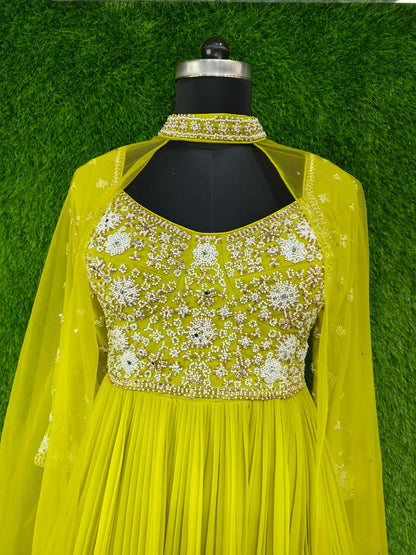 Spaghetti Anarkali  Dress With Hand Work Designer Yoke With Neck Choker Duppatta Style Cape