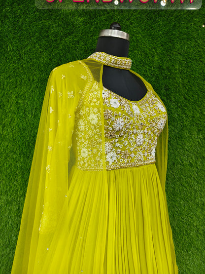 Spaghetti Anarkali  Dress With Hand Work Designer Yoke With Neck Choker Duppatta Style Cape