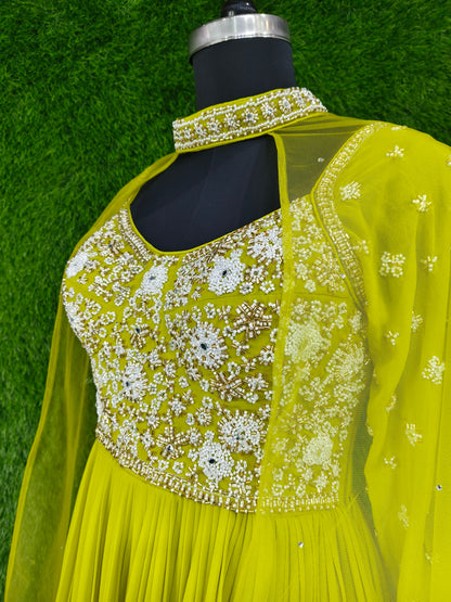 Spaghetti Anarkali  Dress With Hand Work Designer Yoke With Neck Choker Duppatta Style Cape