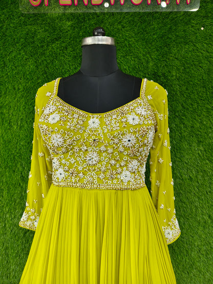 Spaghetti Anarkali  Dress With Hand Work Designer Yoke With Neck Choker Duppatta Style Cape