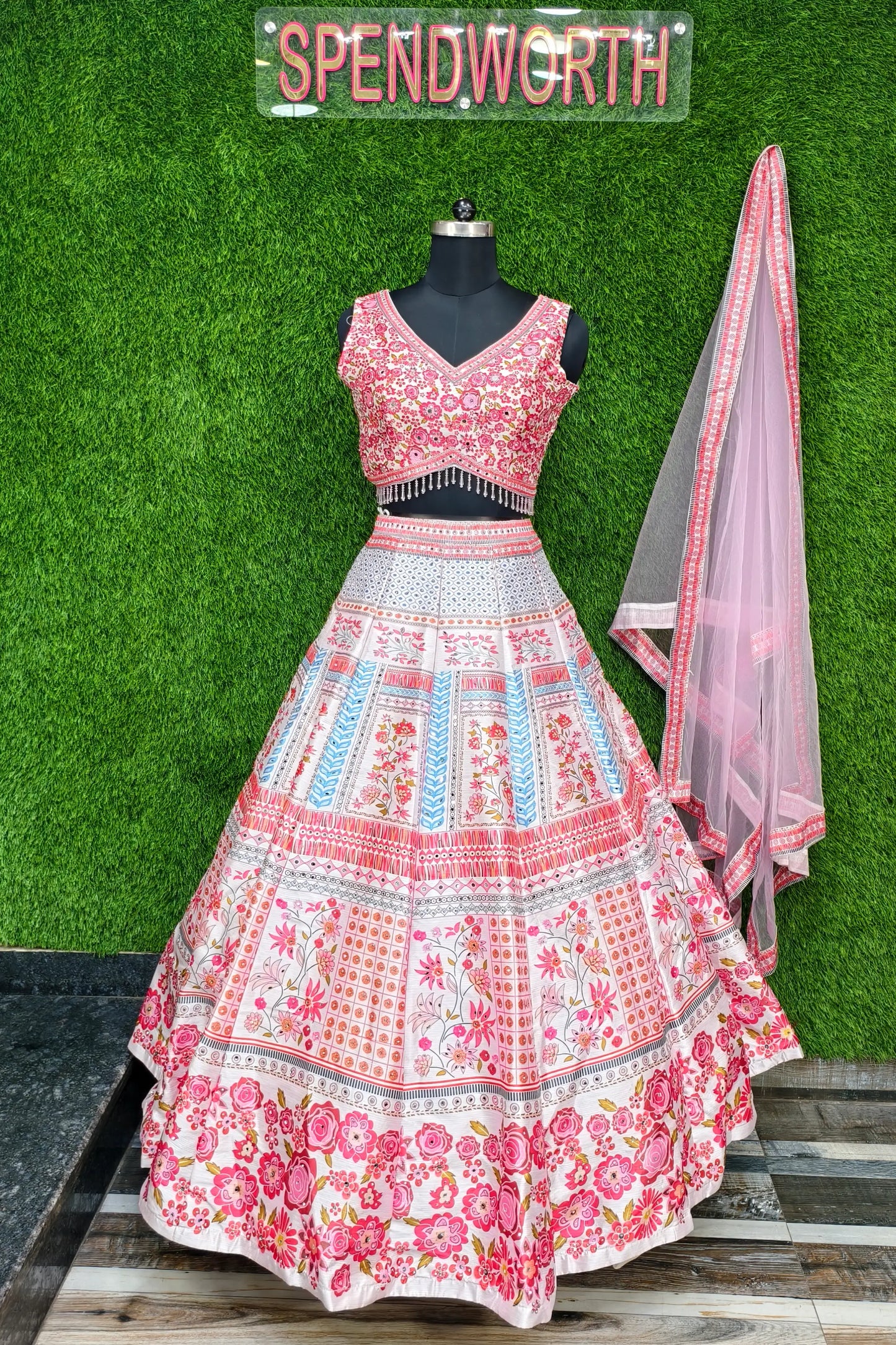 Digital Printed Silk Anarkali Lehenga In Contrast Pink