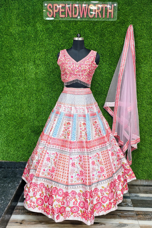 Digital Printed Silk Anarkali Lehenga In Contrast Pink