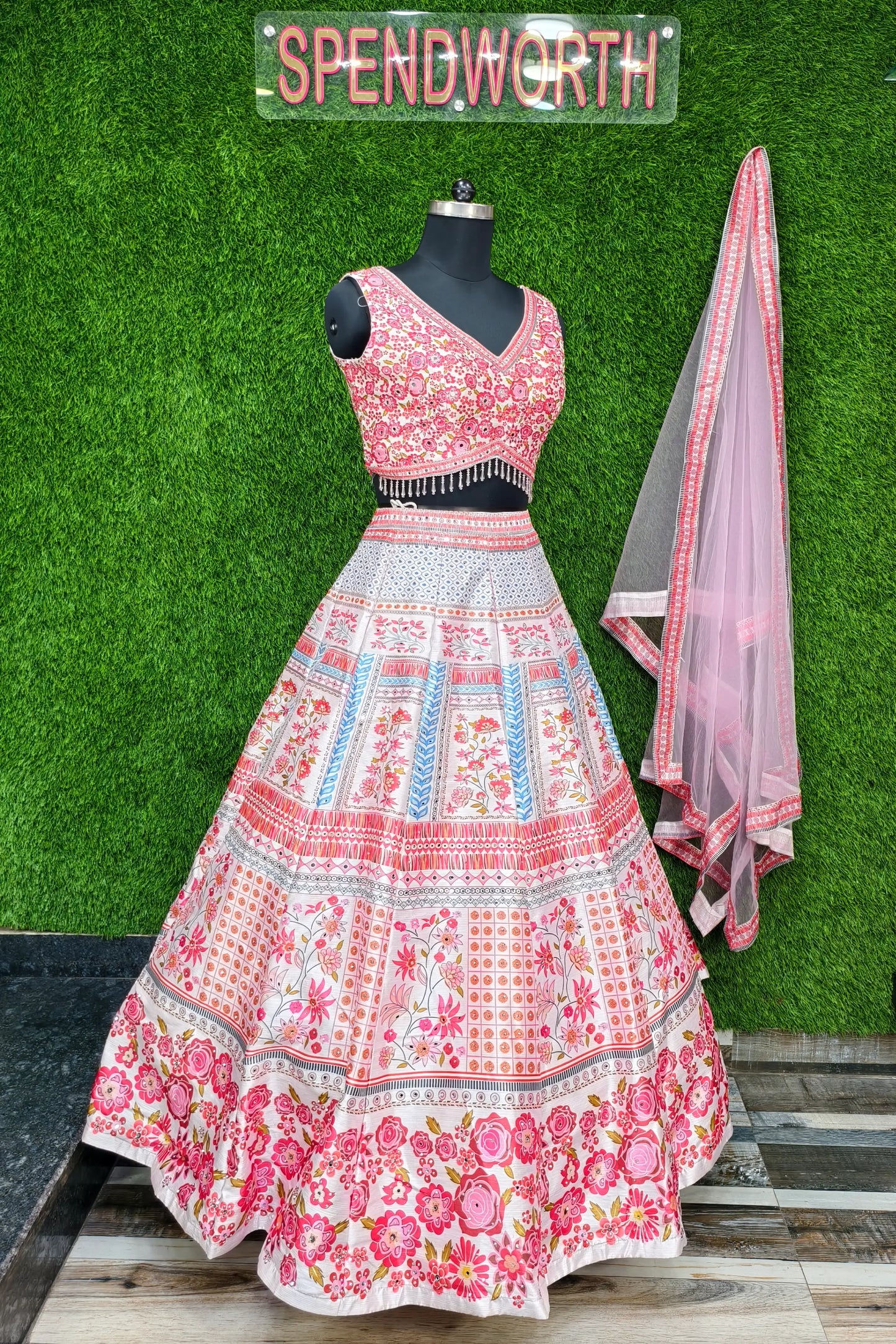 Digital Printed Silk Anarkali Lehenga In Contrast Pink
