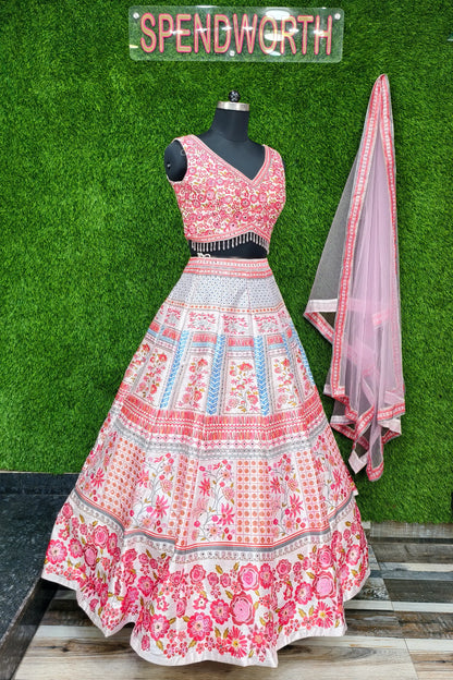 Digital Printed Silk Anarkali Lehenga In Contrast Pink
