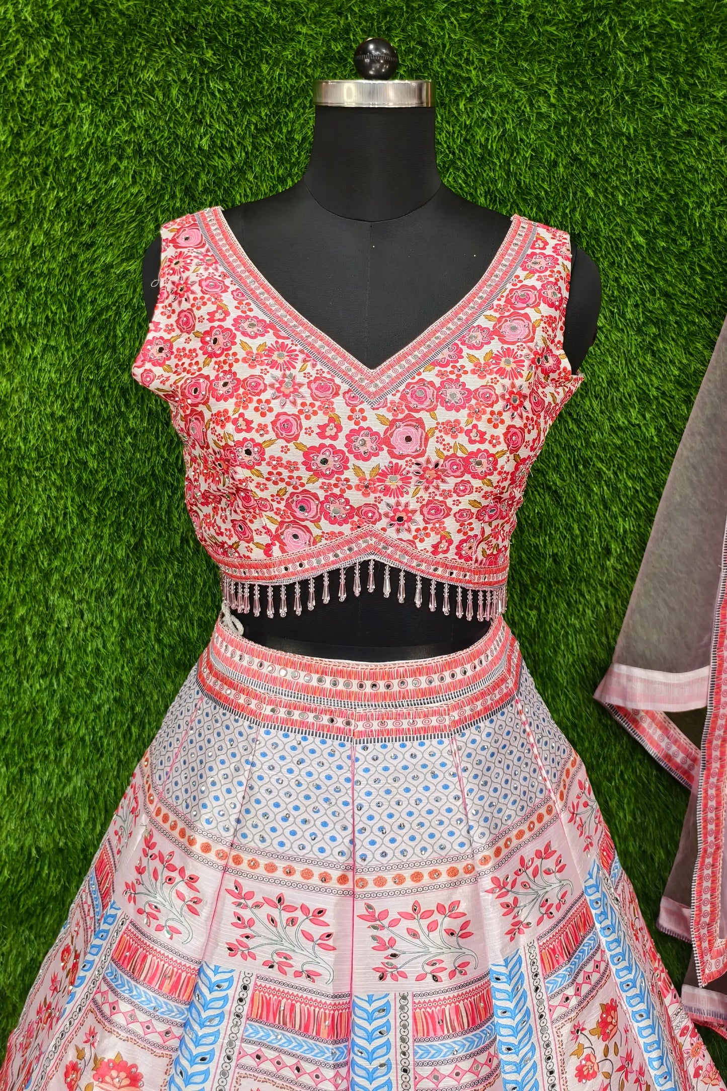Digital Printed Silk Anarkali Lehenga In Contrast Pink