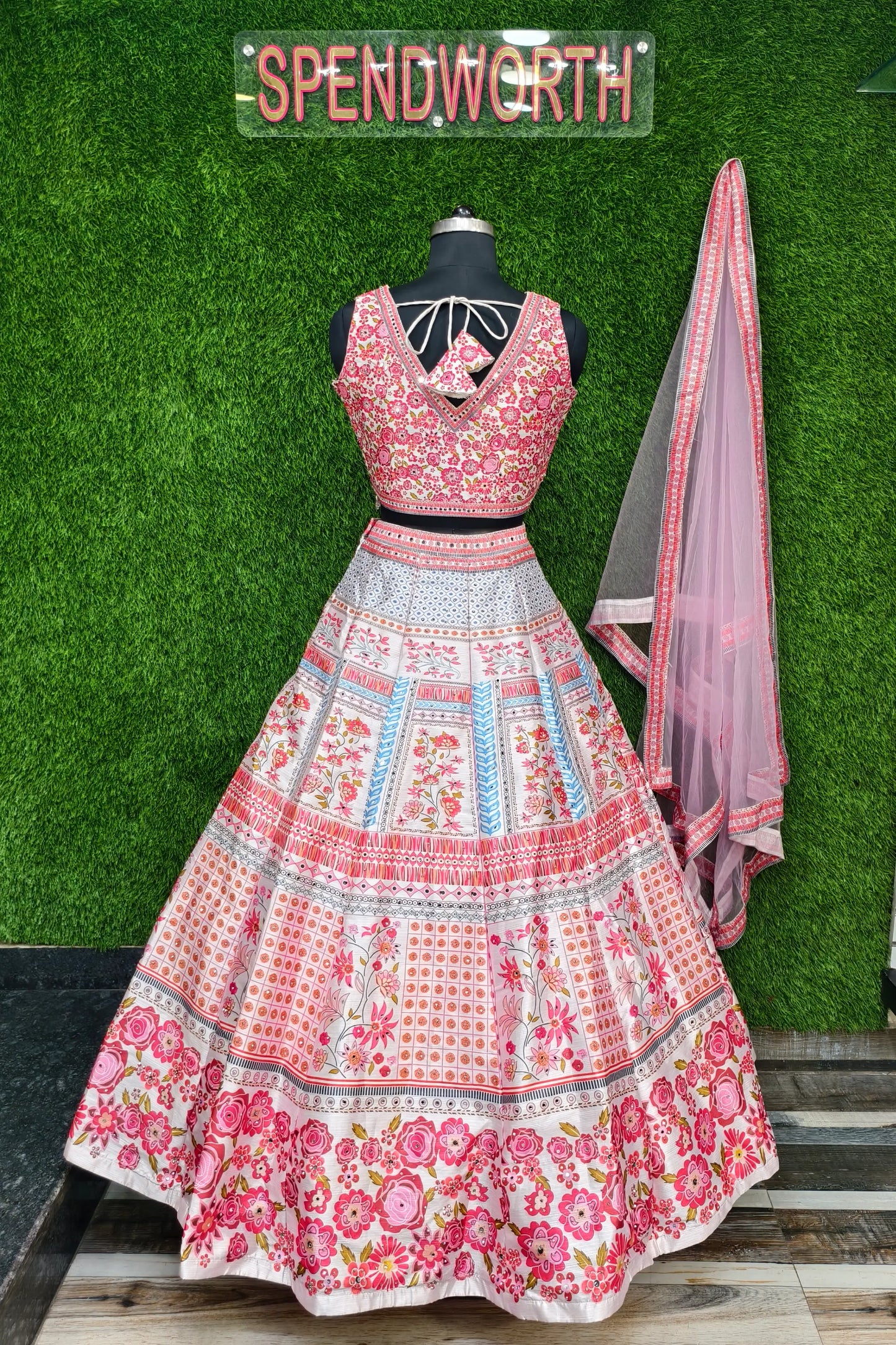 Digital Printed Silk Anarkali Lehenga In Contrast Pink