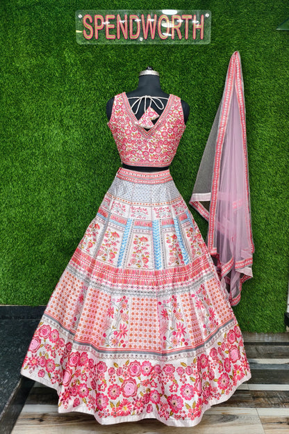 Digital Printed Silk Anarkali Lehenga In Contrast Pink