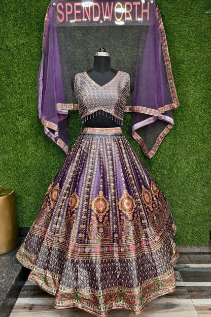 Digital Printed Silk Anarkali Lehenga In Purple