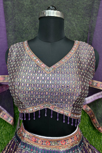 Digital Printed Silk Anarkali Lehenga In Purple