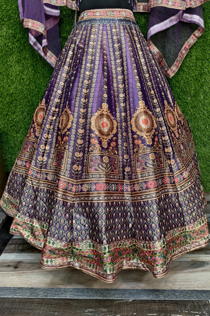 Digital Printed Silk Anarkali Lehenga In Purple