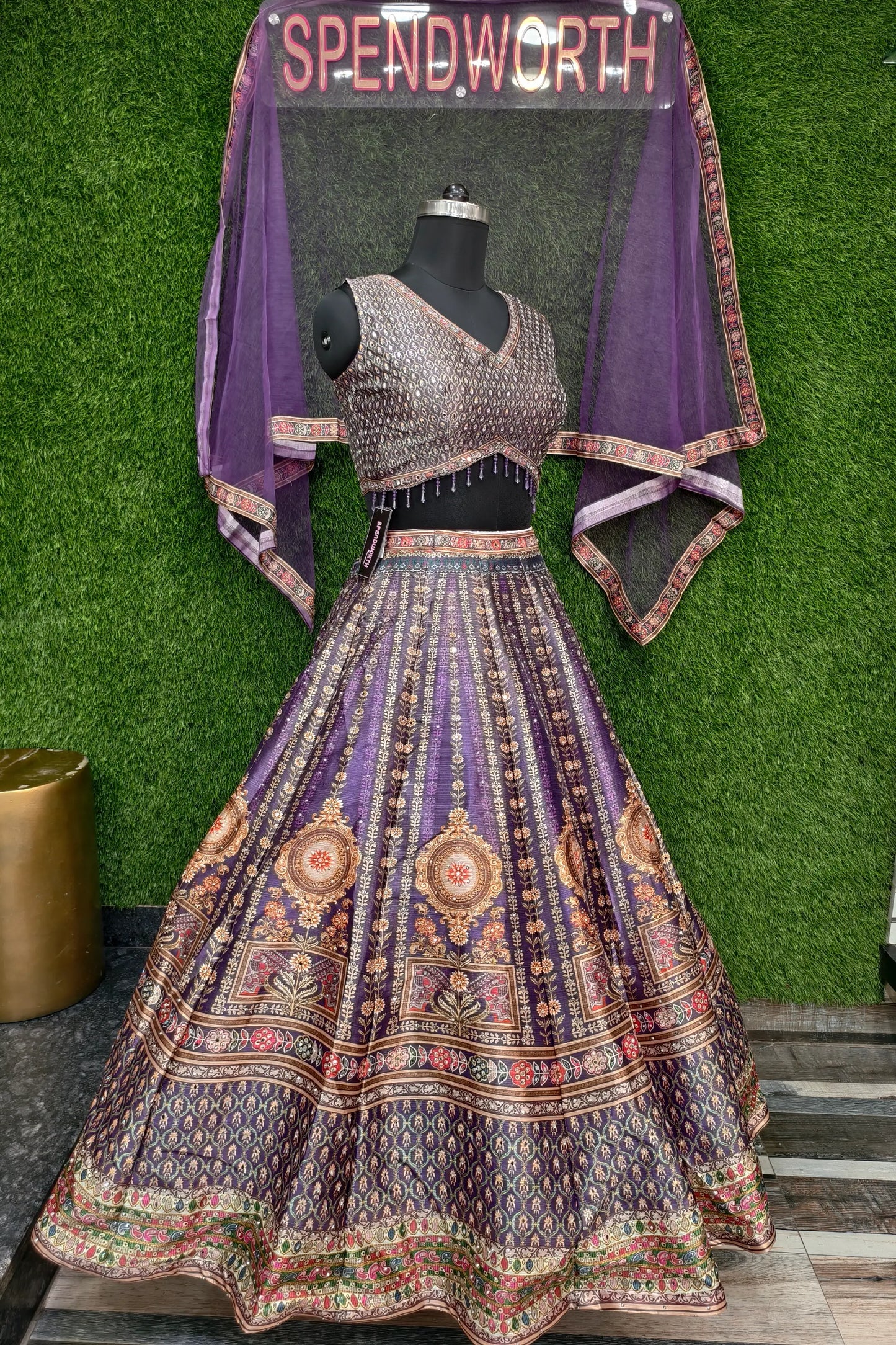 Digital Printed Silk Anarkali Lehenga In Purple