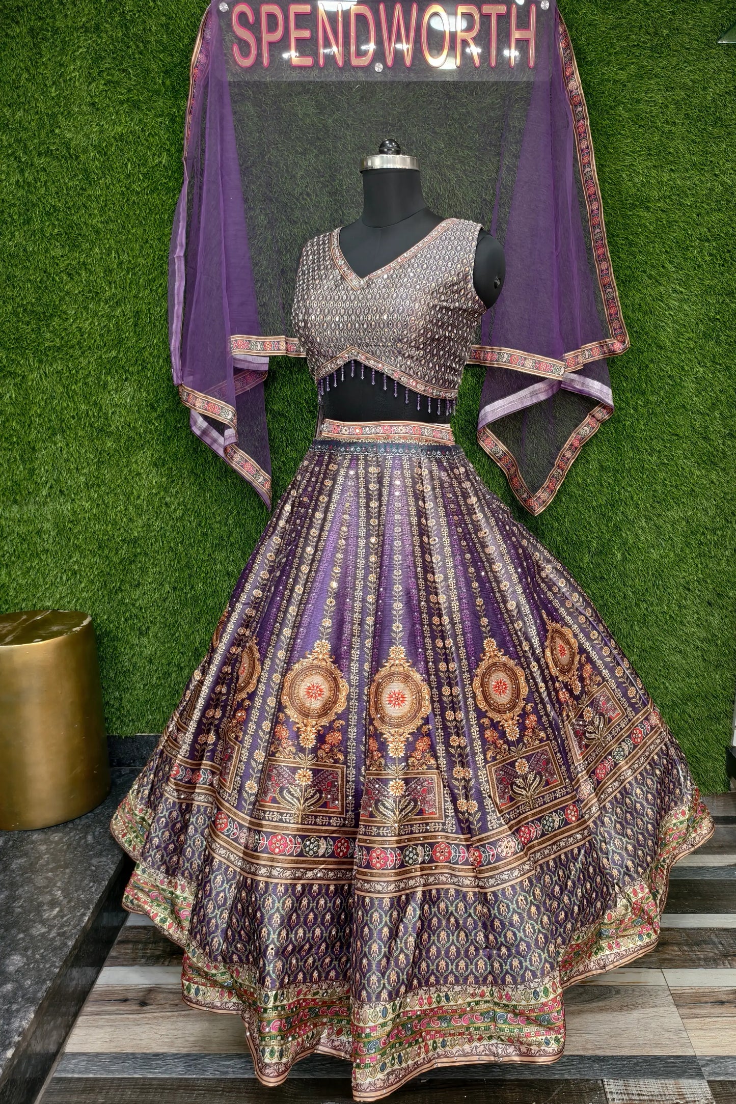 Digital Printed Silk Anarkali Lehenga In Purple