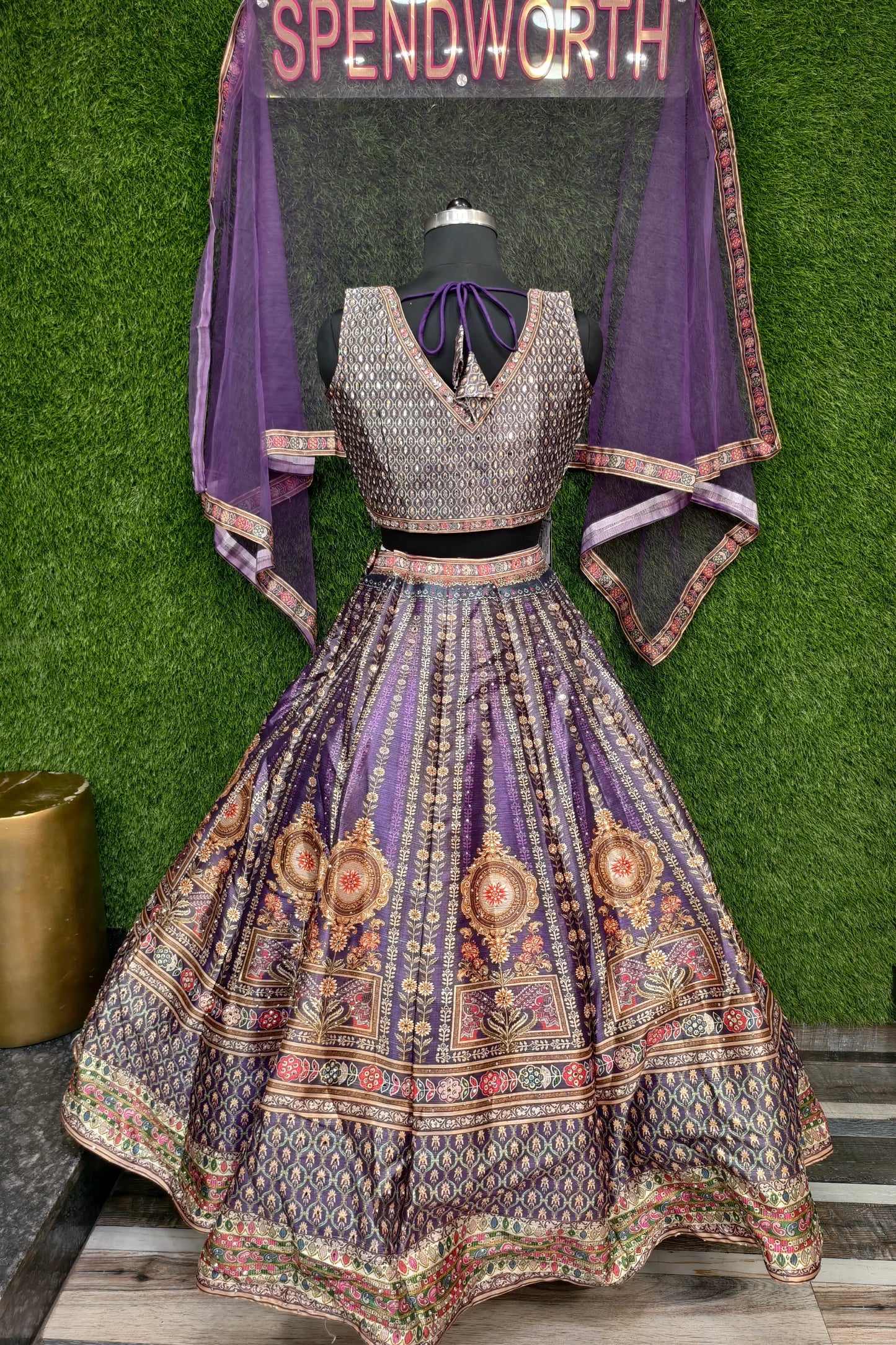 Digital Printed Silk Anarkali Lehenga In Purple
