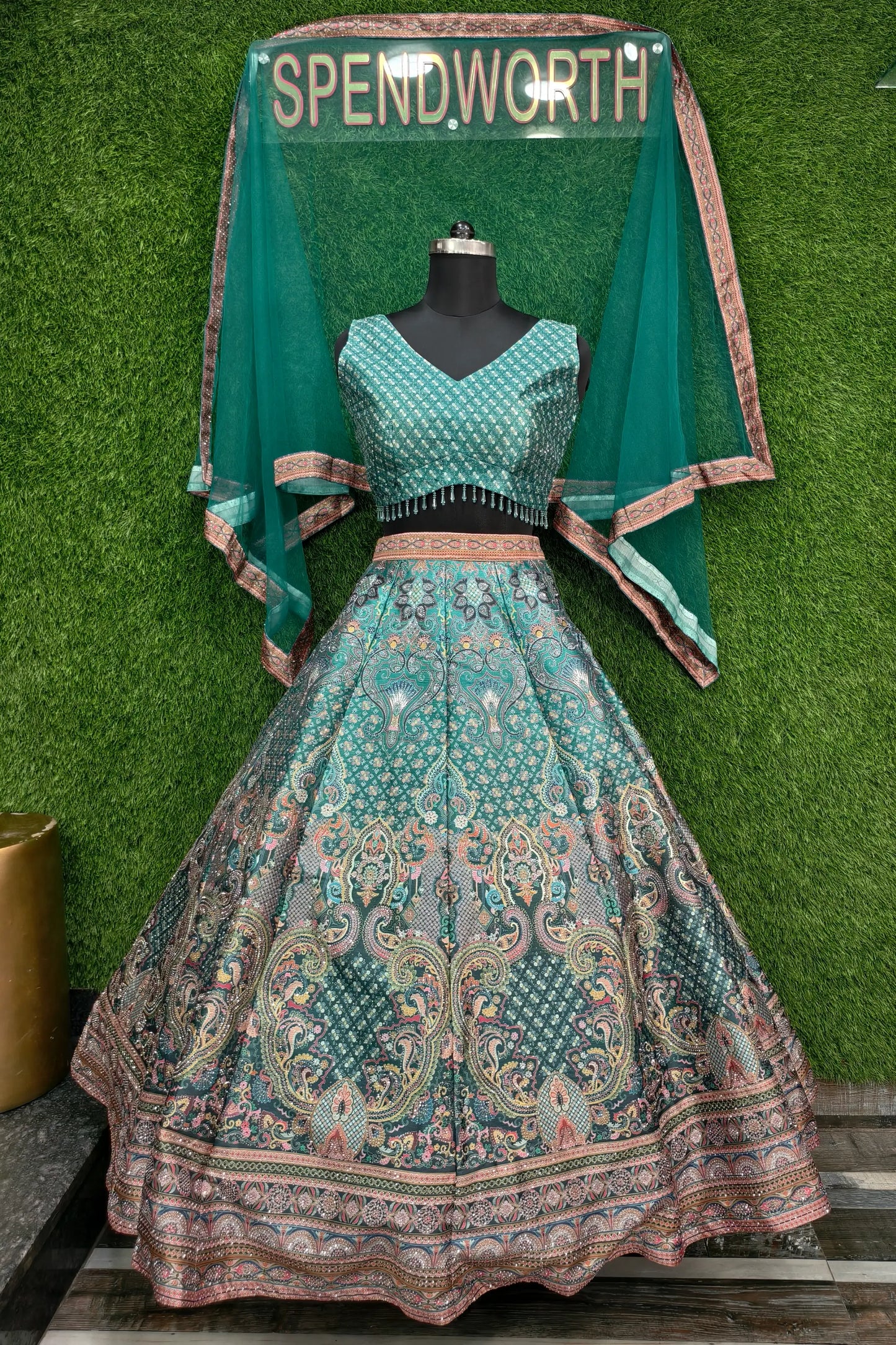 Digital Printed Silk Anarkali Lehenga In Green