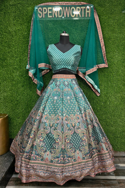 Digital Printed Silk Anarkali Lehenga In Green
