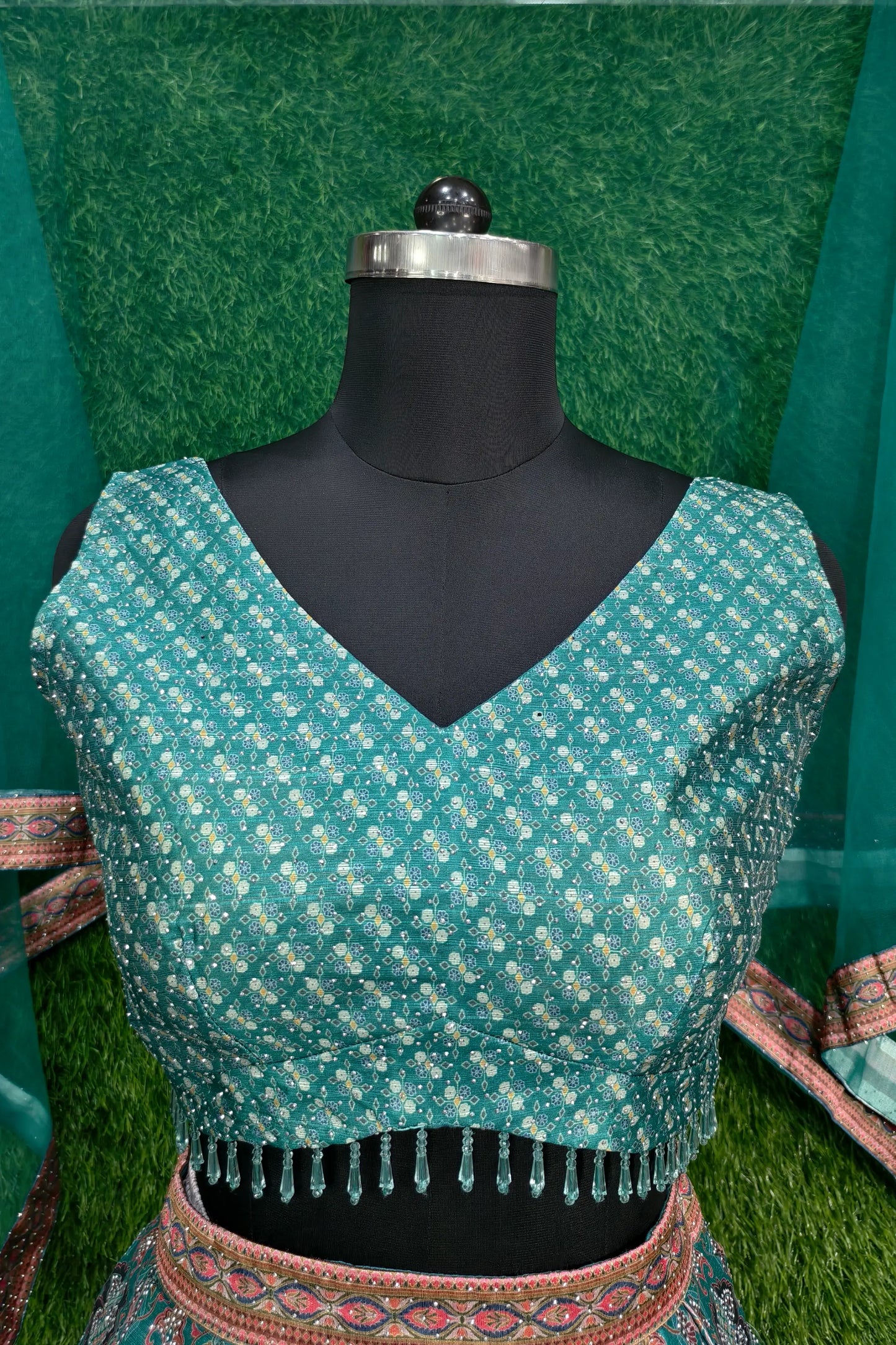 Digital Printed Silk Anarkali Lehenga In Green