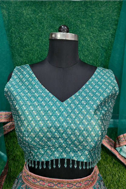 Digital Printed Silk Anarkali Lehenga In Green