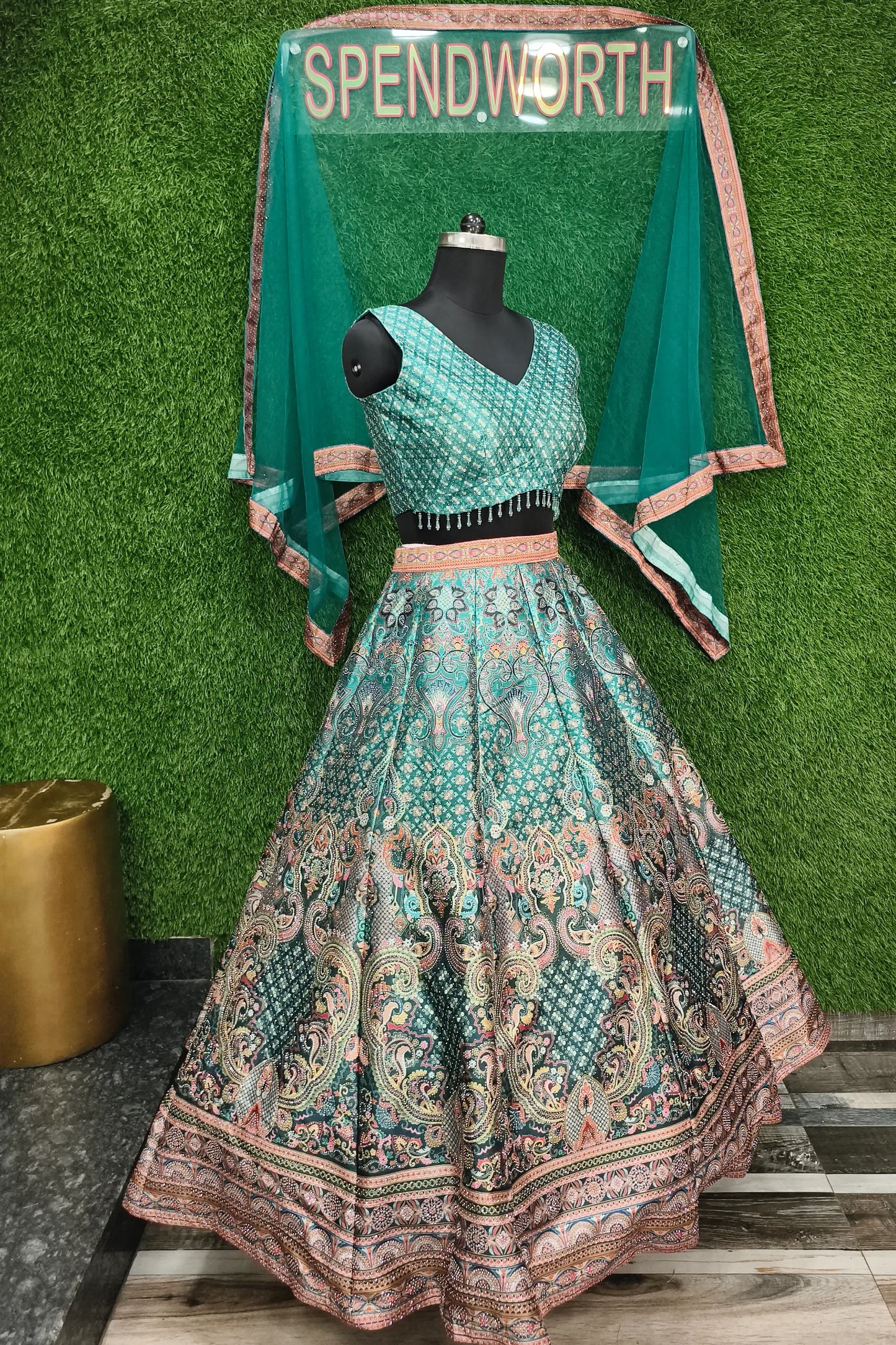 Digital Printed Silk Anarkali Lehenga In Green