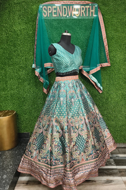 Digital Printed Silk Anarkali Lehenga In Green