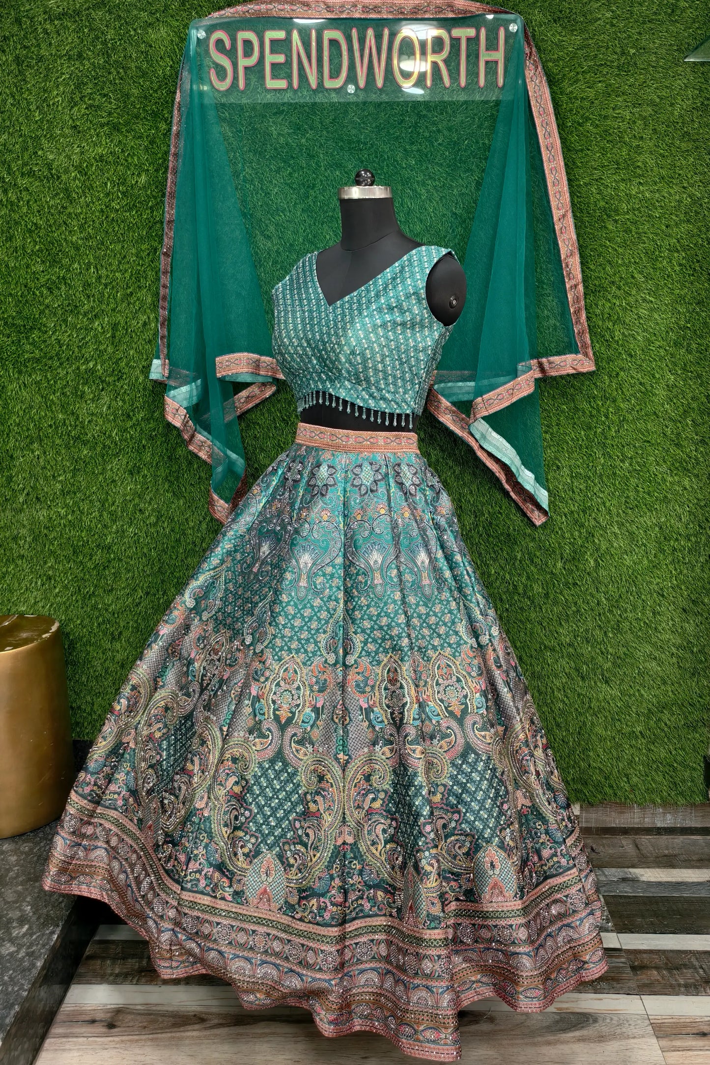 Digital Printed Silk Anarkali Lehenga In Green
