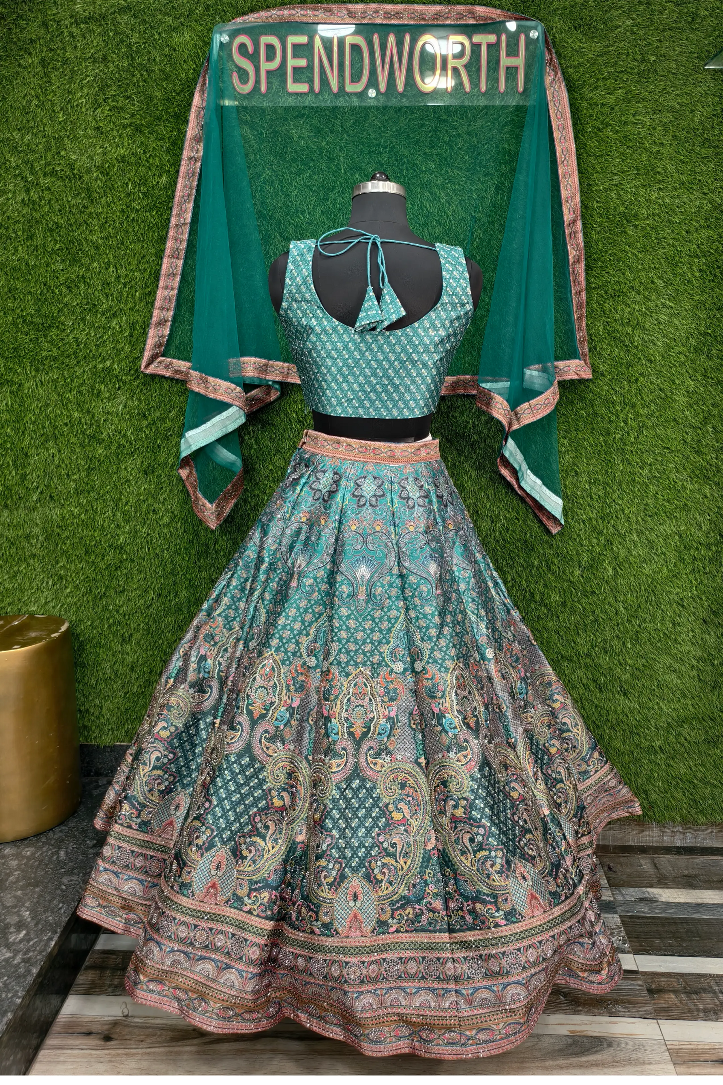 Digital Printed Silk Anarkali Lehenga In Green