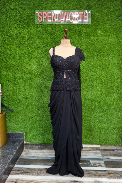 Designer  off Shoulder Drape Saree in Black