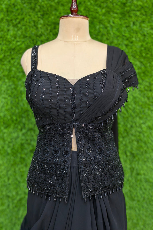Designer  off Shoulder Drape Saree in Black