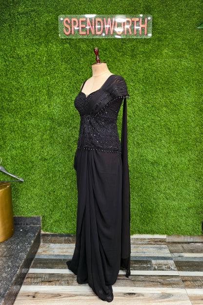 Designer  off Shoulder Drape Saree in Black