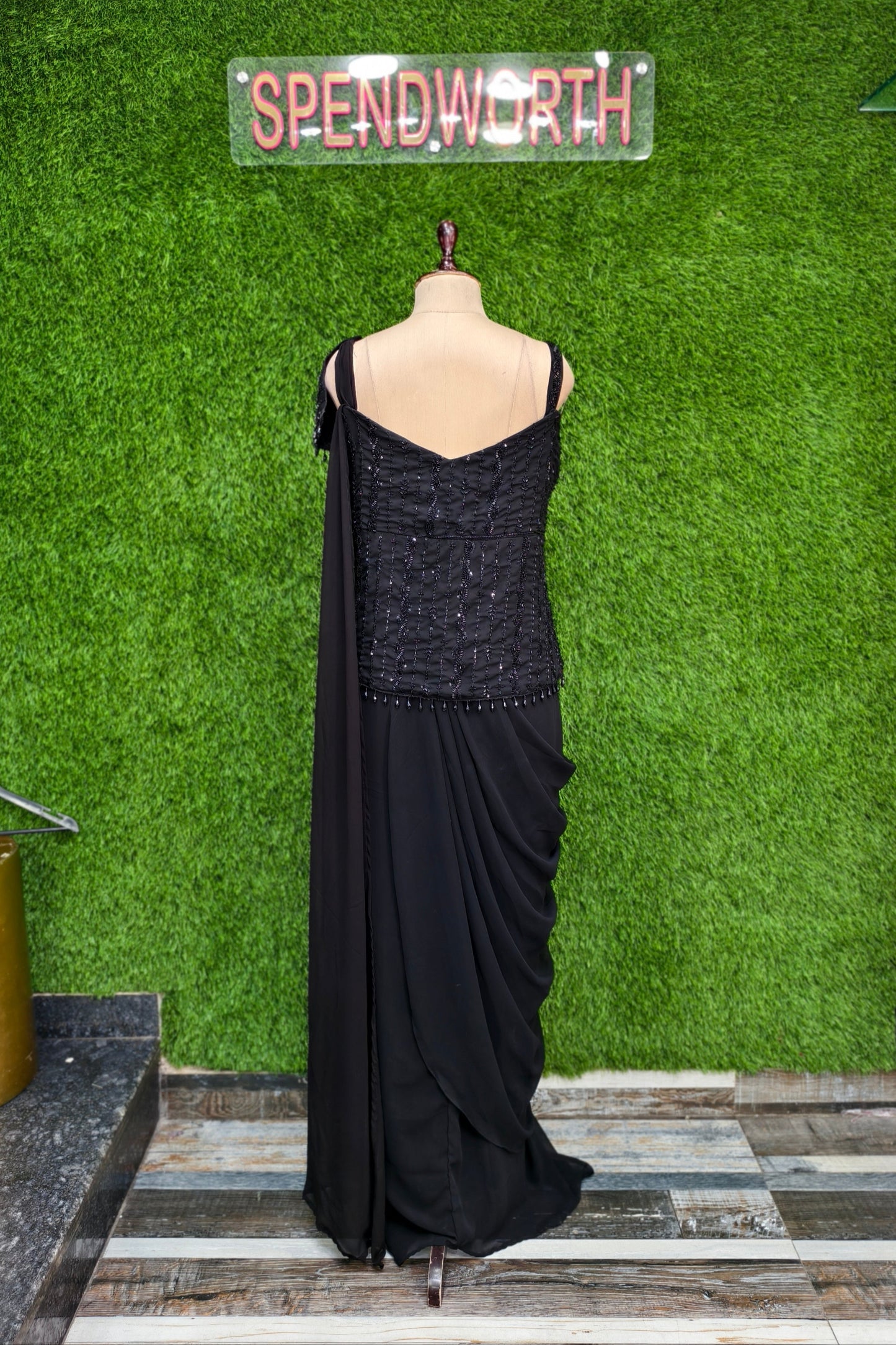 Designer  off Shoulder Drape Saree in Black