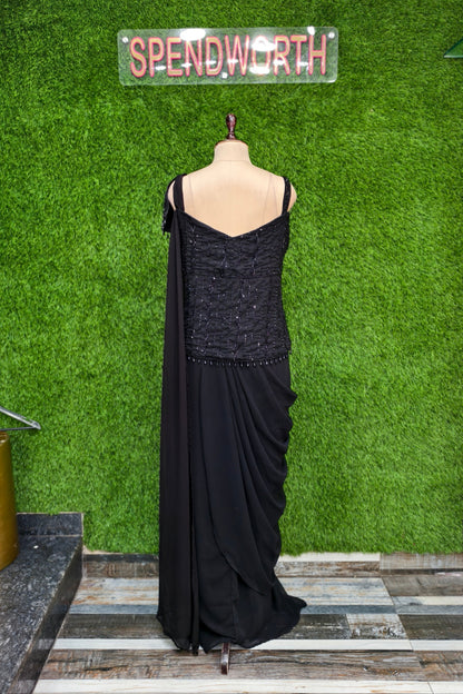 Designer  off Shoulder Drape Saree in Black