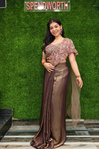 Pure Shimmer Chinnon Partywear Drape Dress in Bronze Colour