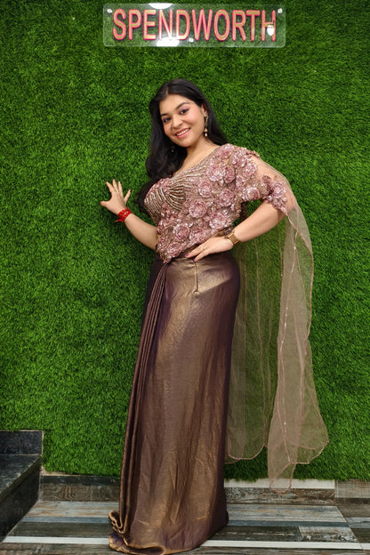 Pure Shimmer Chinnon Partywear Drape Dress in Bronze Colour