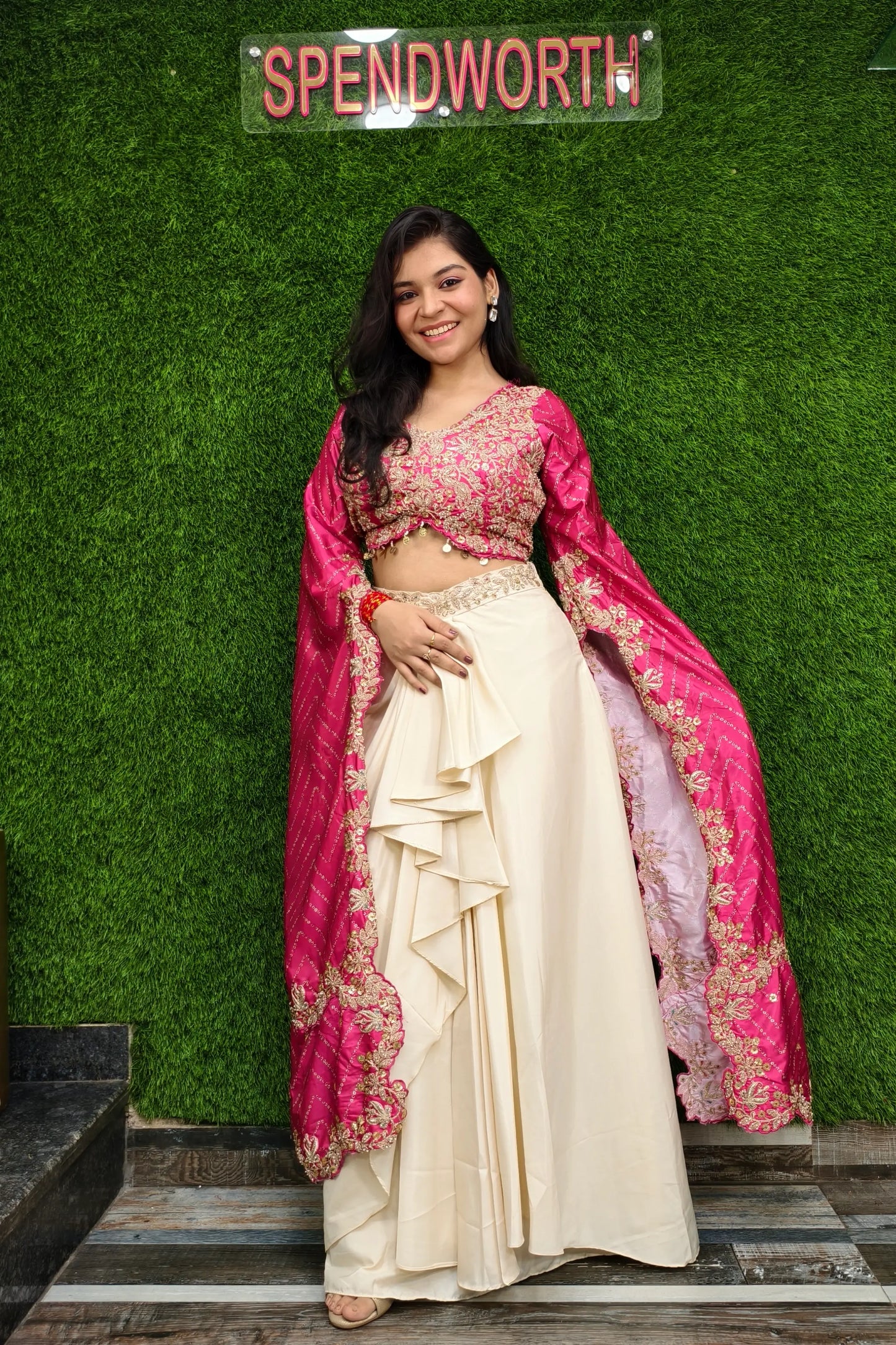 Designer Crop Top Skirt With Hand Embellished Blouse In Pink