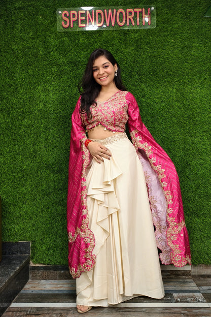 Designer Crop Top Skirt With Hand Embellished Blouse In Pink