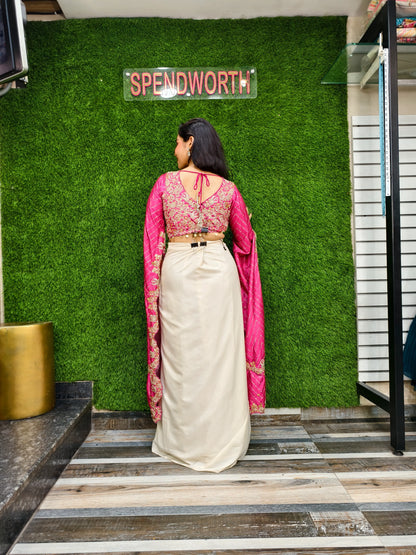 Designer Crop Top Skirt With Hand Embellished Blouse In Pink
