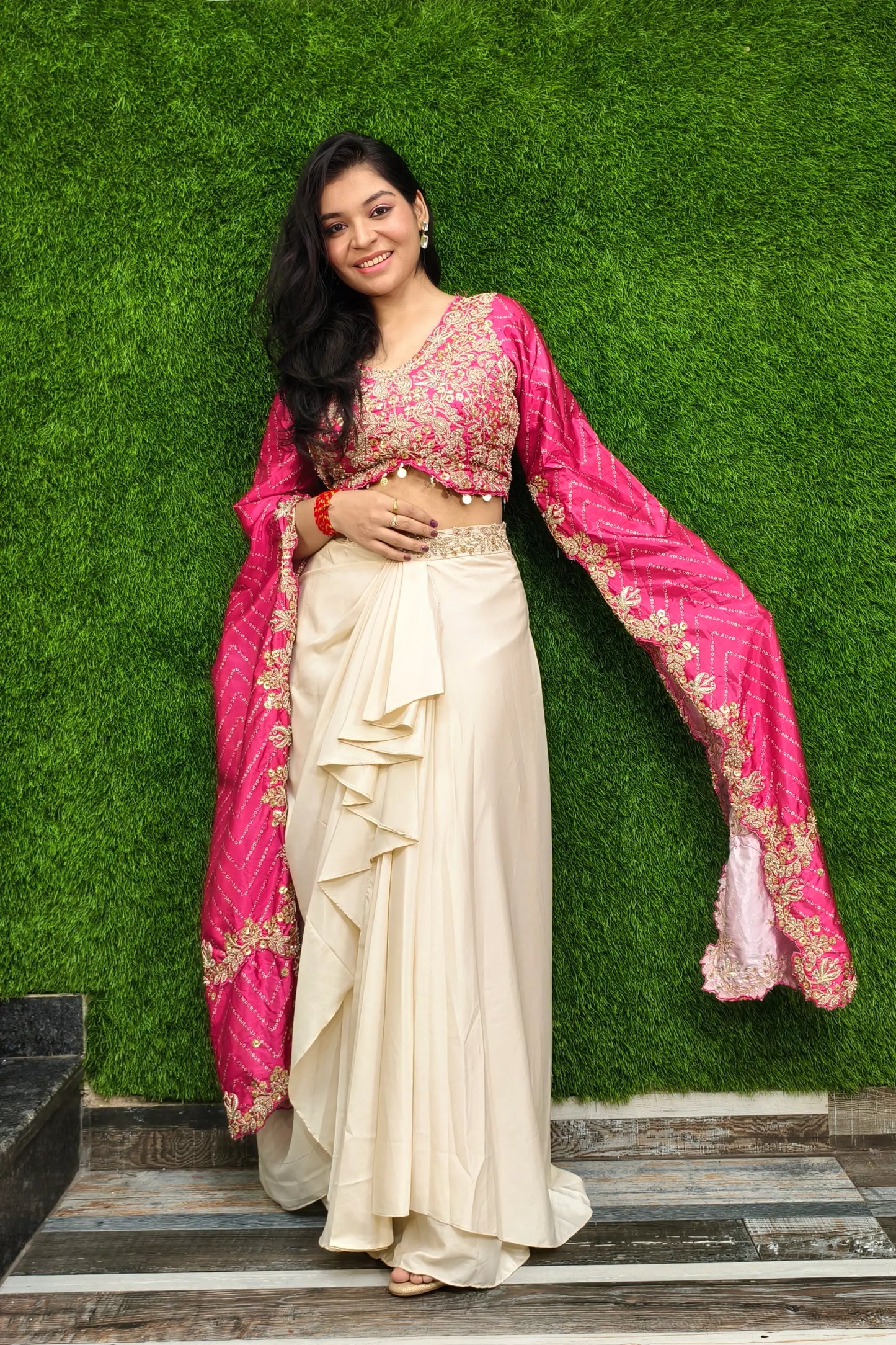Designer Crop Top Skirt With Hand Embellished Blouse In Pink