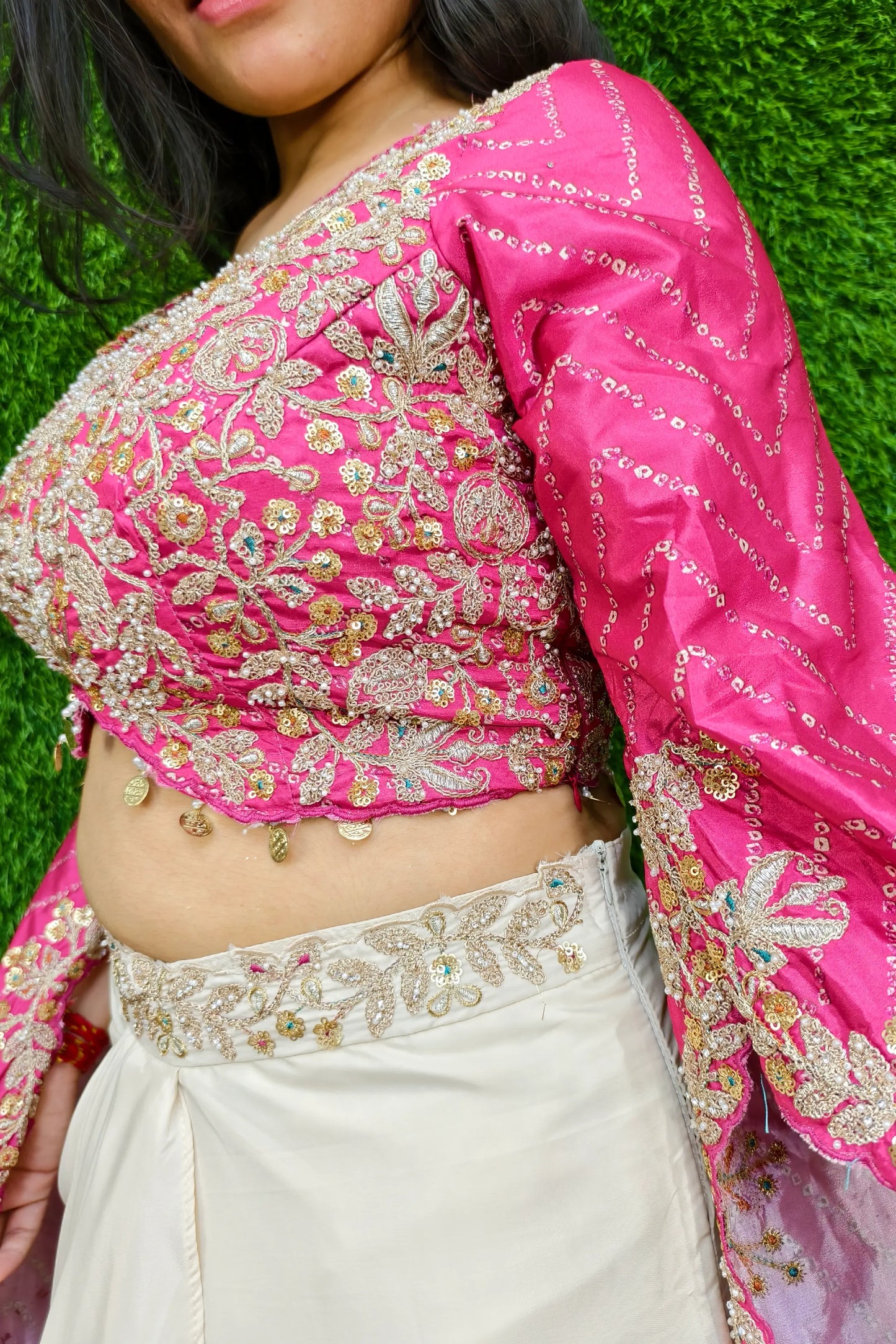 Designer Crop Top Skirt With Hand Embellished Blouse In Pink