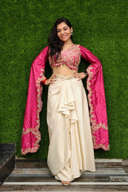 Designer Crop Top Skirt With Hand Embellished Blouse In Pink