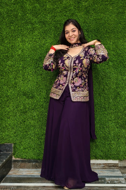 Partywear Cord set In Multi Embroidery Work  in Wine