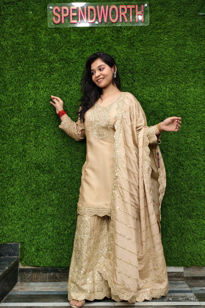 Heavy Embroidered Silk Sharara Suit In Golden