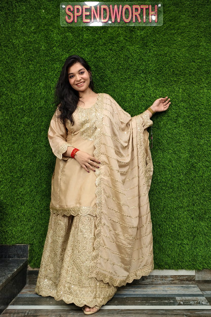 Heavy Embroidered Silk Sharara Suit In Golden